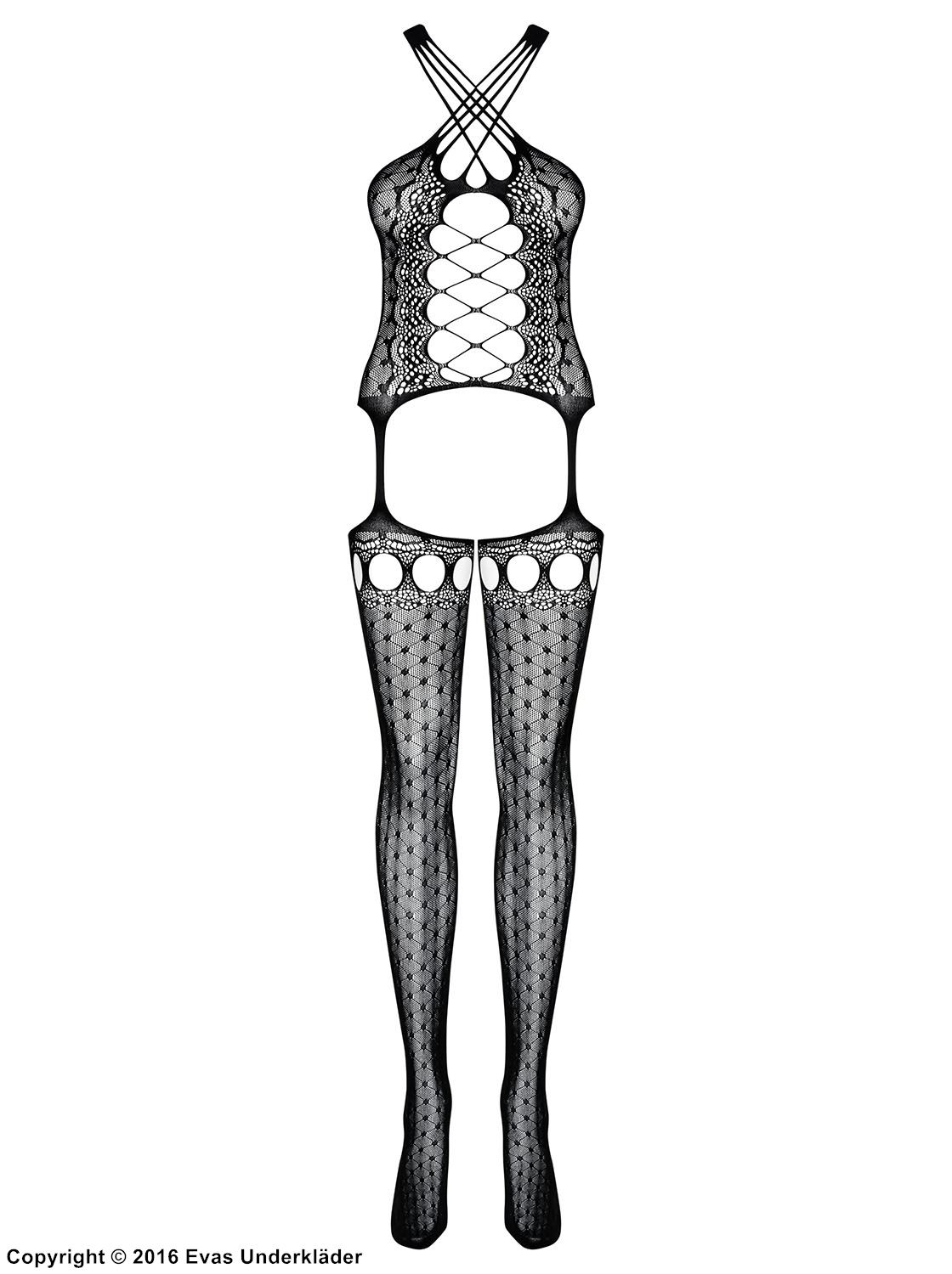 Sexy bodystocking, openwork, lacing, built-in garter belt